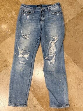 Judy Blue Light Blue Distressed Boyfriend Jeans with Paint Splatter Size 11/30